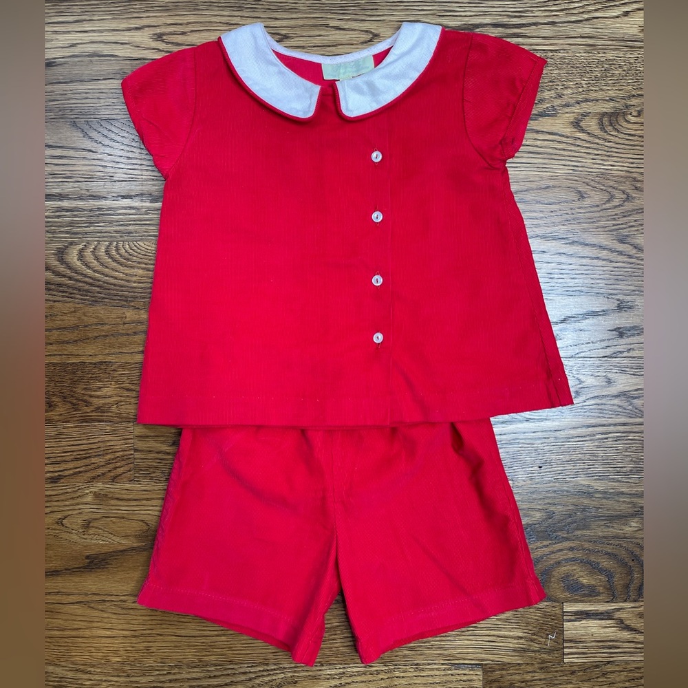 Pixie Lily Kids Red Corduroy Apron Short Two Piece Christmas Holiday Set Size 2T
